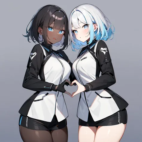 {{2girls}},masterpiece,best quality,very aesthetic,absurdres,cowboy shot,lightcolor,darkcolor,heart_hands_duo,light hair,dark hair,White hair,light  blue hair,light  blue eyes,Lovely 