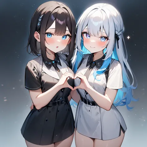 {{2girls}},masterpiece,best quality,very aesthetic,absurdres,cowboy shot,lightcolor,darkcolor,heart_hands_duo,light hair,dark hair,White hair,light  blue hair,light  blue eyes,Lovely 