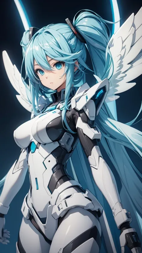 hatunemiku VOCALOID, twin tails, light blue eyes, light blue hair, huge breasts, Angel wing, mecha girl,