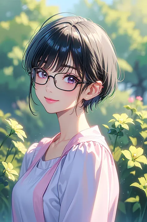 Masterpiece、High resolution、high resolution、High definition、1 female、Very close、((Depiction of only the upper body))、((short hair、Pixie Cut))、Frameless glasses、A kind smile、slightly open your lips、Pink lipstick、