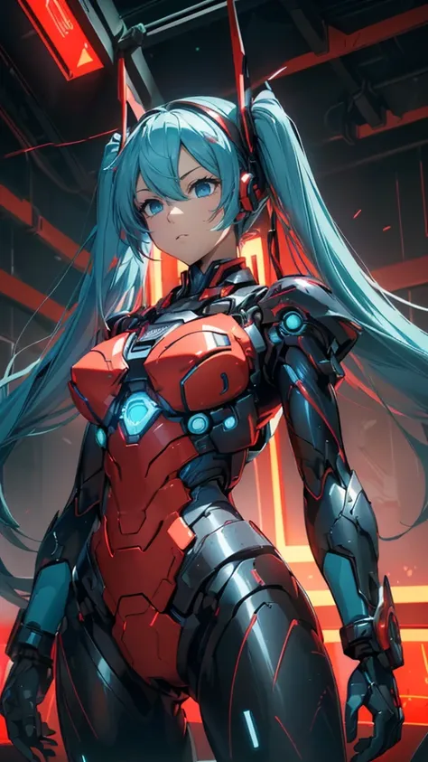 high quality、Best image quality、masterpiece、Hatsune Miku VOCALOID、、Android Girl((18-year-old、red, A glowing black and blue cyber suit、Blue energy source on chest,Best Bust、Big Breasts、Bust 90、Twin tails、Light blue eyes、Light blue hair、Open your chest wide、...