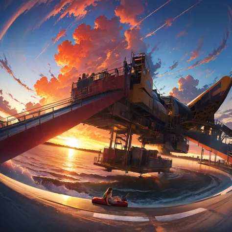 a girl lying on the slide, looking at the scenery at the end of the world. the view shows a connection between the runway and th...