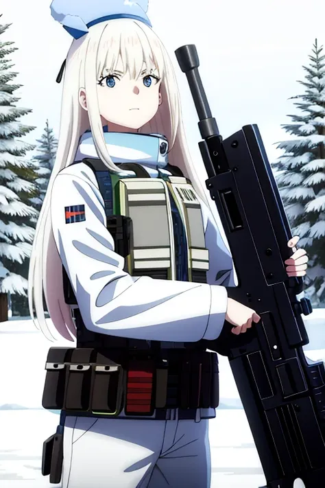 masterpiece, highest quality, High resolution, anime, art, Brush Sticker, Long Hair, Gray Hair, blue eyes. Camouflage, Bulletproof vest, Fluffy white winter hat, Camouflage white pants, Severe, Gun in hand, Outdoor, snowy mountain, snow, Flowers