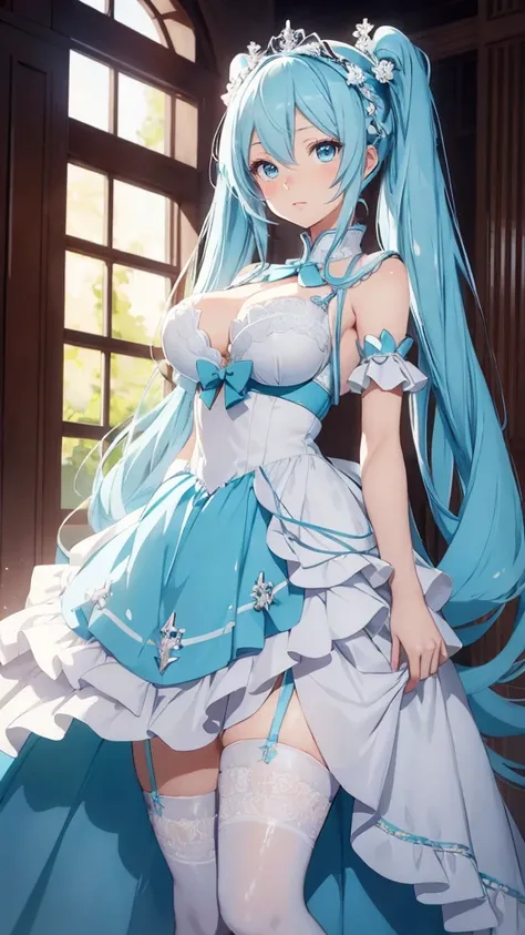 hatune miku VOCALOID, twin tails, light blue hair, light blue eyes, big breasts, white stockings, beautiful eyes, animated painting, 1princess, luxury dress, tiara, gown,
