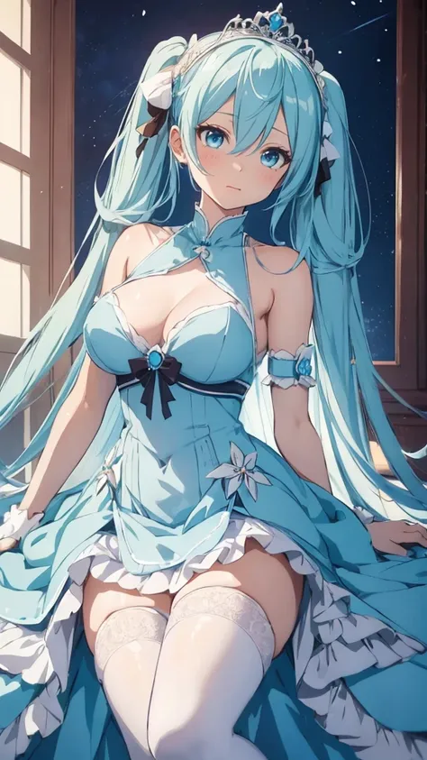 hatune miku VOCALOID, twin tails, light blue hair, light blue eyes, big breasts, white stockings, beautiful eyes, animated painting, 1princess, luxury dress, tiara, gown,
