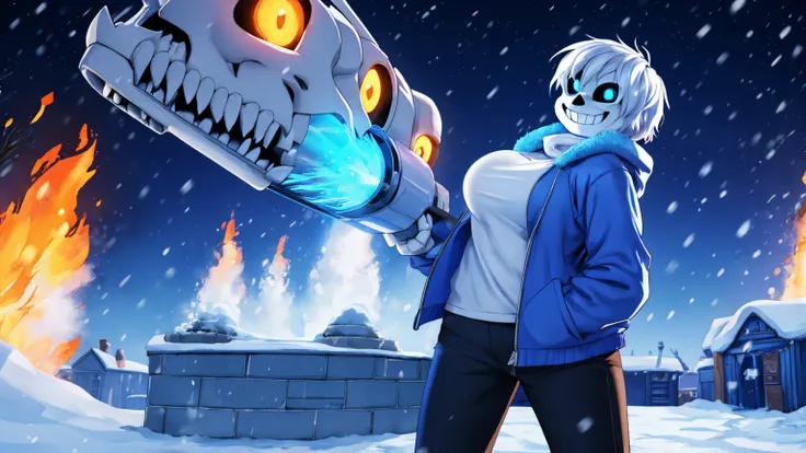 Toby Fox Undertale Sans blue jacket white shirt,Fire eyes, skull, smile, white short hair, glowing sexy keel cannon, standing in the snow town, big breast breast enlargement full-body shot