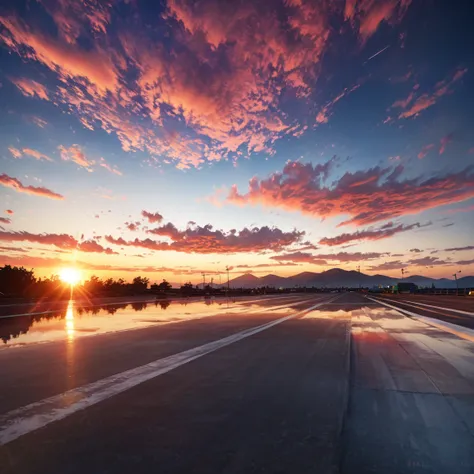 lying on the runway, i could see the end of the earth.、from a super low angle, the runway appears to be connected to the open sk...