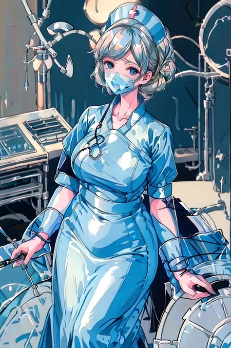 nurse uniform,hospital, latex nurse suit,nurses,busty,elbow gloves,labcoat,blonde hair woman,red eyes , gigantic ,medical instru...