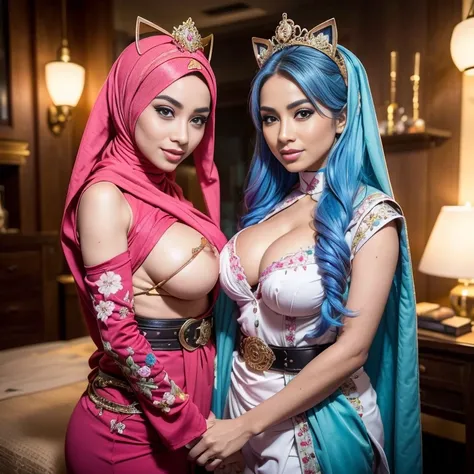 Two:2 hijab prostitutes naked and nude, bestquality，master-piece，High resolution with high detail，（brilliant：1.4），raw photograph，，optical illusion，1girle，（Solo exhibitions：1.2），（cowboy lens：1.2），（Hair crown：1.2），Traditional costumes of Dunhuang, china，stra...