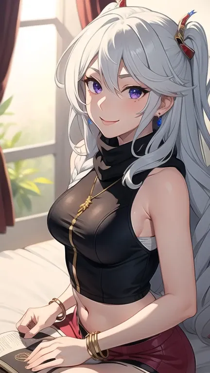 masterpiece, best quality, 1 solo girl, silver hair, purple eyes, long hair, medium breasts, sexy body and face, wavy hair, smil...