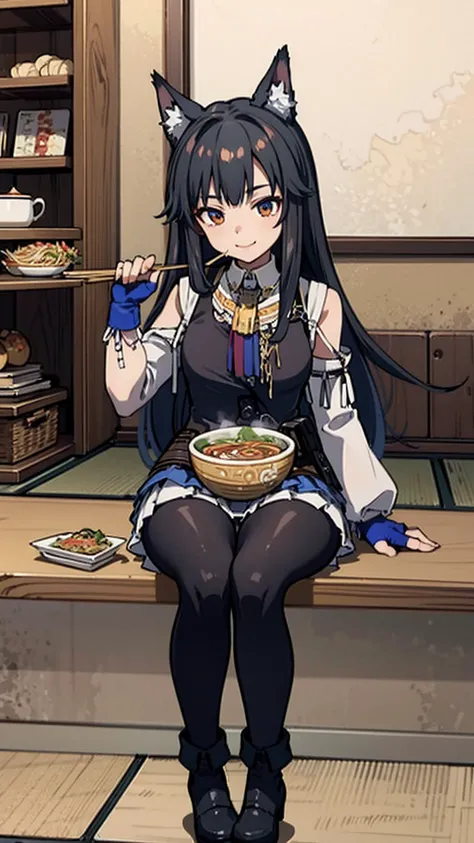 masterpiece, Top quality, Charming pose, Full body wide angle, Smile, (sit:1.1) ,Ichiraku Ramen, (Eat ramen:1.0), Holding chopsticks and ramen bowl, Snoring sound when eating noodles,, Silent Suzuka (Fresh beans), Black gloves, White Skirt, Pleated Skirt, ...