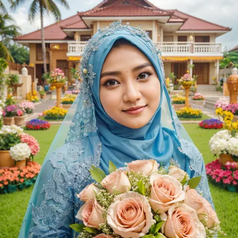 potret indonesia, pipi tembem, istri memakai gaun pengantin warna biru berhijab syari, memegang buket bunga mawar, latar halaman dengan dekorasi bunga yang indah dan gedung, photography, HDR, 100k