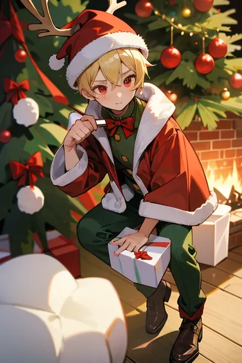 12 year old boy, blond hair, red eyes, full body, Christmas reindeer hat, reindeer jacket, green jeans, santa boy, present, Christmas tree, hot chocolate with marshmallows,