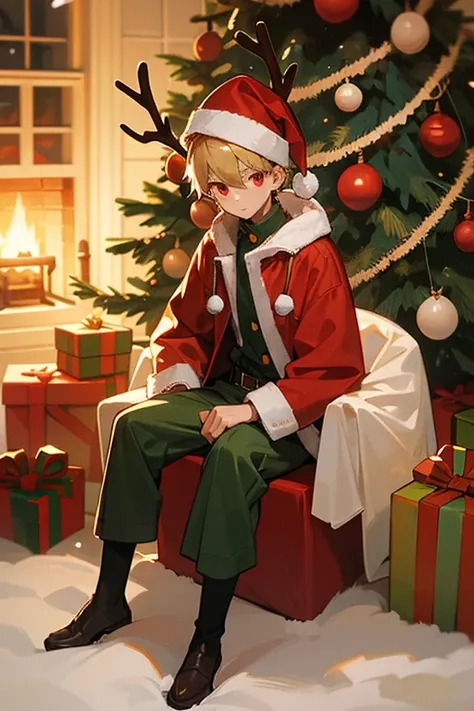 12 year old boy, blond hair, red eyes, full body, Christmas reindeer hat, reindeer jacket, green jeans, santa boy, present, Christmas tree, hot chocolate with marshmallows,