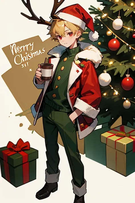 12 year old boy, blond hair, red eyes, full body, Christmas reindeer hat, reindeer jacket, green jeans, santa boy, present, Christmas tree, hot chocolate with marshmallows,