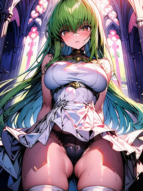 c.c.、Code Geass、Green Hair、Wedding dress、church、Stained glass、Cute Woman、Thick thighs、Best image quality、High resolution、masterpiece、super high quality、Spread your legsしゃがむ、orgasm face、Spread your legsしゃがむ、Black patterned panties、Big Ass、Big Breasts 、Blush...