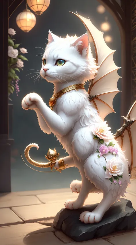 Faris Style, alone, hair ornaments, close your eyes, flower, wing, horn, Cat, white Cat, Dragon-Cat, hair flower, No humans, gem, Dragon, scale, eastern Dragon, Movie angle, Cinema Lighting, Shorthand, Depth of written boundary, Detailed Background, master...