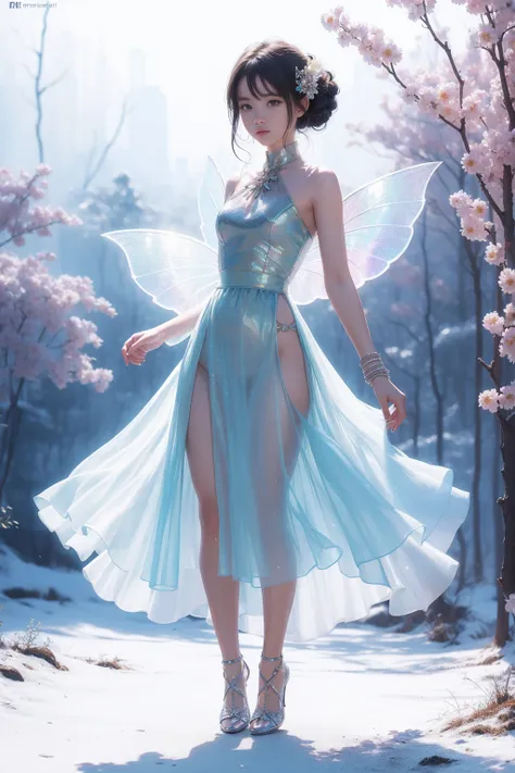 (((girl))，Long skirt，Iridescent colors，(Flower Fairy)，(Rich colors)，spring，Arthur effect, Transparent body, Gradient translucent glass melt, Caustics, Clear glass texture, Iridescent colors, design：Dietrams, Simple, Shining in every detail, White backgroun...