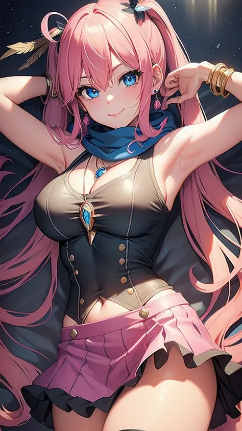 masterpiece, best quality, 1 solo girl, pink hair, blue eyes, long hair, medium breasts, sexy body and face, wavy hair, smile, sleeveless shirt, scarf, black thigh-high, mini skirt, pendant, bracelet, jewelry, earrings, feather hair ornament, book, lying a...