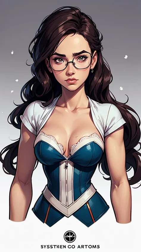 GTA character style illustration and completely bare breasts wearing glasses Breast size Cartoon name: Isabella Cruz white background medium breasts freckled face Hermione Granger actress strong contours Physical description - long straight hair, tingidos ...