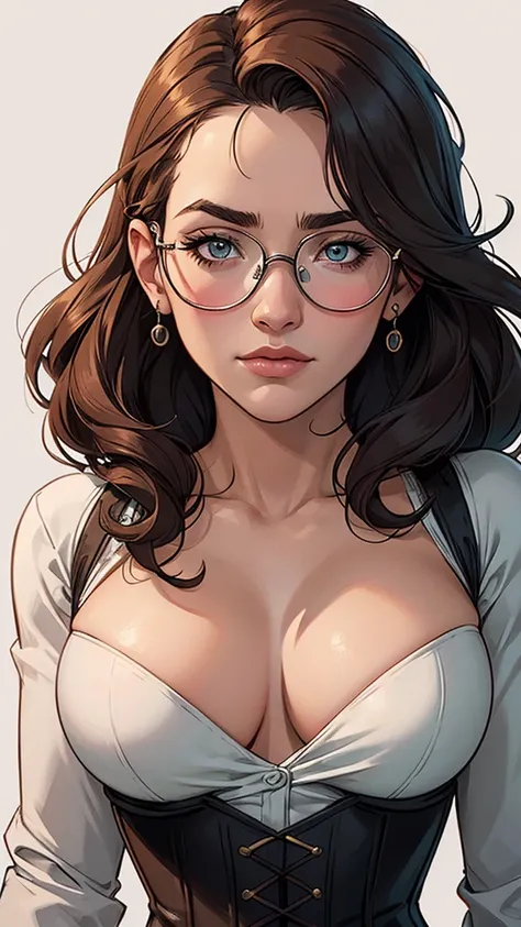 GTA character style illustration and completely bare breasts wearing glasses Breast size Cartoon name: Isabella Cruz white background medium breasts freckled face Hermione Granger actress strong contours Physical description - long straight hair, tingidos ...