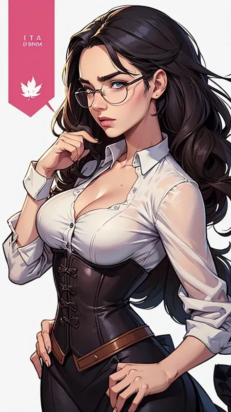 GTA character style illustration and completely bare breasts wearing glasses Breast size Cartoon name: Isabella Cruz white background medium breasts freckled face Hermione Granger actress strong contours Physical description - long straight hair, tingidos ...