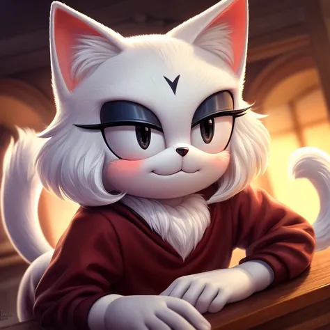 mobian cat, white cat, white fur, white hair, black eyes, tuft, fur, fluffy, ((smug)), femboy, blush, feline, felid, smirk, :3, hi res, absurd res, good quality, nice details, detailed, insanely detailed, extreme detail, refined detail, perfect detail, max...