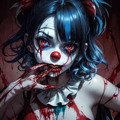 Masterpiece, best quality, 8K Wallpaper, HDR, octane rendering. A girl looking at the camera, ((wearing clown makeup)), Sinister expression, ((smudged makeup)), ((clown clothes, dirty, torn:1.3)), vibrant colors. Walking down a hospital hallway, vivid deta...