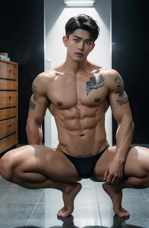 1 young handsome  naked chinese guy，20-22 years old，super realistic, super detailed, human skin, mess curly hair, erotic police officers，Interpol，manly Police，perfect studio light, Handsome，musculous，strong sport body, lean muscles,big chest abs,  hairy bo...