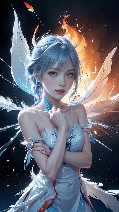 bishoujo,fair_skin,slender,baby face,light_blush,lipstick,smile,afloat,huge filesize,wallpaper,sky,(blue spark),(red and blue hair),blue eyes, burning sky,flame,Rainbow in the sky,((Flames burning ice)),(((fire butterflies))),(((ice crystal texture wings))...