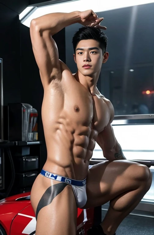 1 young handsome  naked chinese guy，20-22 years old，super realistic, super detailed, human skin, mess curly hair, erotic police officers，Interpol，manly Police，perfect studio light, Handsome，musculous，strong sport body, lean muscles,big chest abs,  hairy bo...