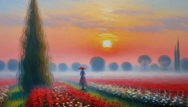 [[(fog earl morgen : young beauty flored garden , crimson)((Claude Monet style!!!))])):20]/[background: landscape Renaissance, impressionism and expressionism, old canva, (silver fog sunset), ((landscape style Claude Monet:1,6))]/[very colorful,((oil paint...