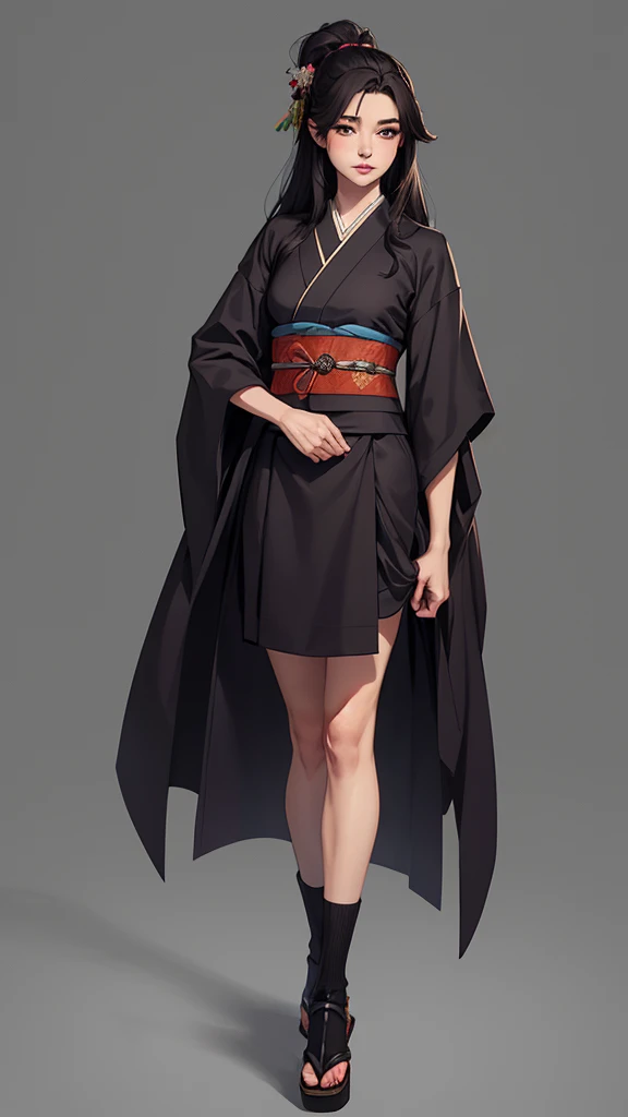 Standing posture、True Face、From the knee up、Underexposed eyes、Dark colored hair、long hair、Cute、Japanese、Kimono Beauty、Japan Warlords、warrior、Simple、Demure、Quiet、Height: 165cm、Heavy makeup、40 years old、An illustration