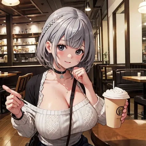 highest quality,cute、confused face、inside the cafe、sitting、perfect fingers、big breasts、3✕3の目、black eye、gray hair、