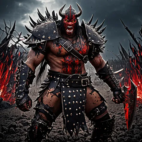 (anime,horror,dark fantasy,war)evil group of Vrockwing Bakemono,bloodthirsty barbarian ragers,studded leather scrapped together armor,2-handed weapons,cruel red eyes,sharp fangs,bloody battle scars,distorted faces,ripped muscles,raging flames,bloody splatt...