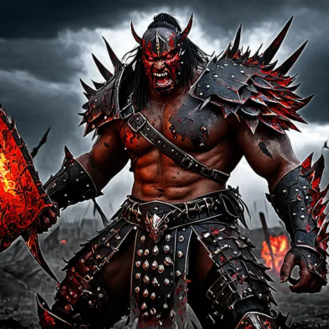 (anime,horror,dark fantasy,war)evil group of Vrockwing Bakemono,bloodthirsty barbarian ragers,studded leather scrapped together armor,2-handed weapons,cruel red eyes,sharp fangs,bloody battle scars,distorted faces,ripped muscles,raging flames,bloody splatt...