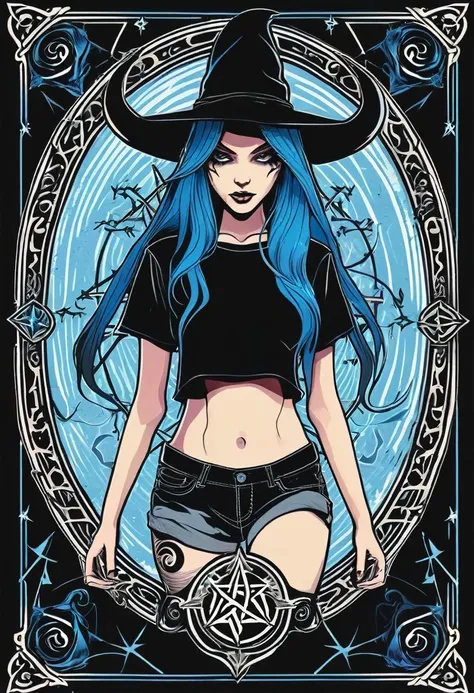  of a pentagram and other symbols. The image features a woman with long blue hair wearing a black shirt and a black hat. She is also wearing black shorts. The shirt has a design of a demon on it.