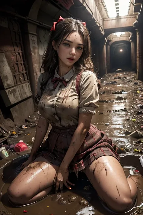 waistband of skirt is at the point above chest , school girl big breast , red knot , red bow , skirt dark red , plaid skirt , pleated skirt , dirty white Shirt , realisitic、top-quality、crisp photos、((Brick underground tunnel、Foul-smelling sewer、Littered wi...