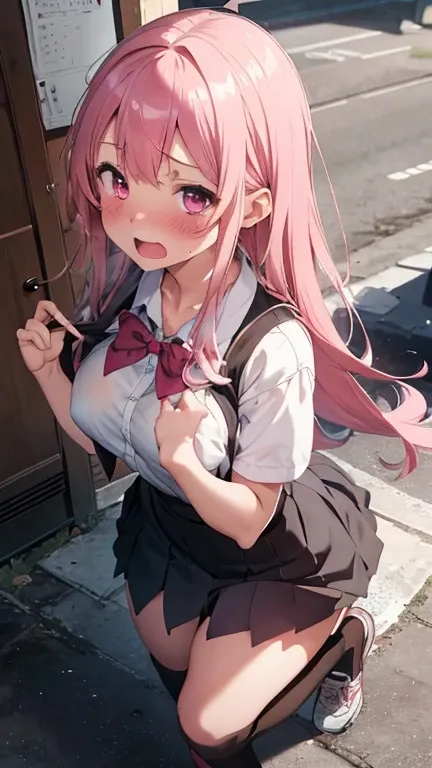 mastute piece,Best Quality,insanely detailed,8k cg,nsfw,
shoot upper body,(body in front:1.1),
1girl,standing,looking at viewer,(school uniform),
break,blush,shy,ecstasy face,gasping,trembling,pink hair,long hair,large breasts,open mouth,(classroom),