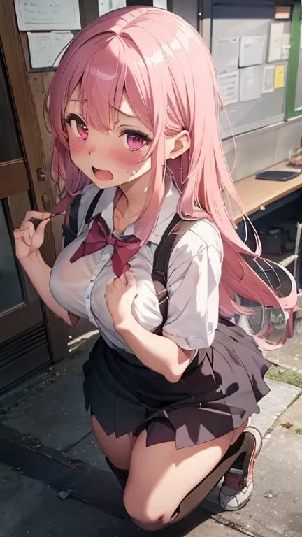 mastute piece,Best Quality,insanely detailed,8k cg,nsfw,
shoot upper body,(body in front:1.1),
1girl,standing,looking at viewer,(school uniform),
break,blush,shy,ecstasy face,gasping,trembling,pink hair,long hair,large breasts,open mouth,(classroom),