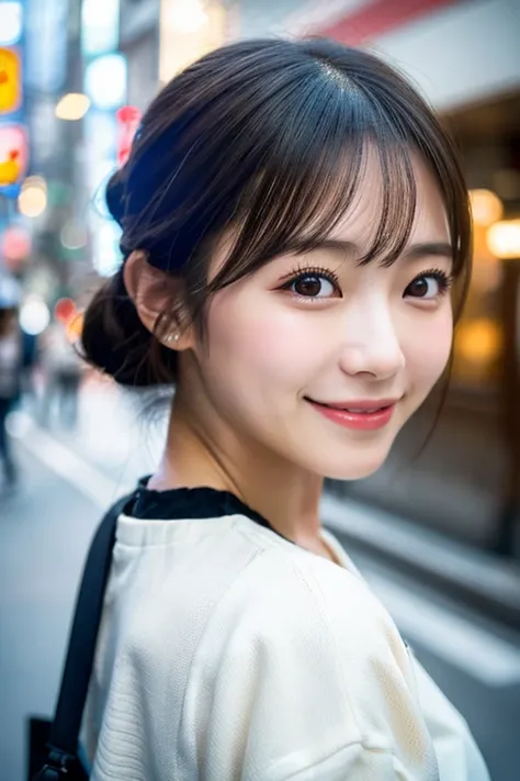 1 girl, Japanese women, Tokyo Street , Streetscape, Upper Body, Facing forward, close, smile, Very delicate face, double eyelid, Face thinning, (8k, RAW Photos, highest quality, masterpiece:1.2), (Realistic, photo-Realistic:1.37),