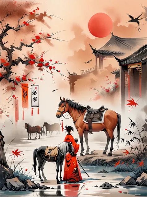 (chinese ink painting style:1.2), (masterpiece, top quality, best quality, official art, beautiful and aesthetic:1.2), An ink painting of a battlefield at dusk in the Song Dynasty is full of oriental freehand aesthetic elements, In late autumn, dead leaves...