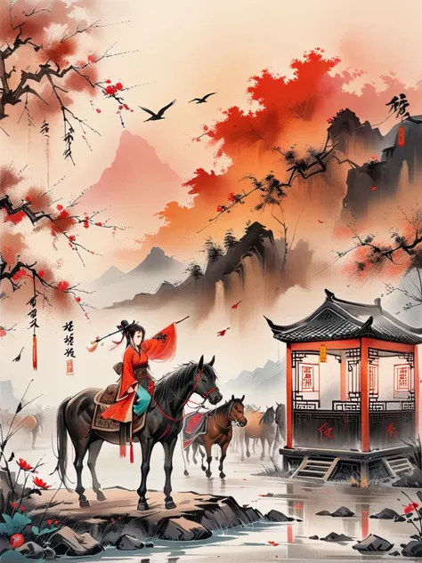 (chinese ink painting style:1.2), (masterpiece, top quality, best quality, official art, beautiful and aesthetic:1.2), An ink painting of a battlefield at dusk in the Song Dynasty is full of oriental freehand aesthetic elements, In late autumn, dead leaves...