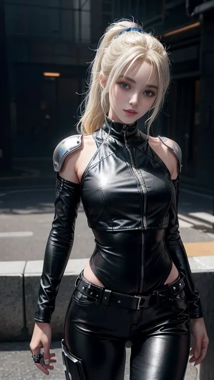 Lolita, smile, 20-year-old, Tabletop, 8K, Photorealistic,((highest quality)), ((masterpiece)), (High resolution:1.3), 3D, beautiful (cyber punk:1.3), Stylish woman looking at camera、Black leather clothing, No sleeve, Embarrassing, I cant see the skin on my...