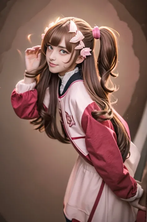 (highest quality,4K,High resolution), 18-year-old female, Brown hair with pink mesh, 長いTwin tailsヘア  , Comical appearance，(highest quality,4K,High resolution), 18-year-old female, Pink highlights on brown hair, Long Hair, Twin tails,Twin tails hair，(highes...