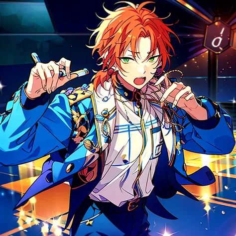 leo tsukinaga, pelo largo naranja, blue eyes,  idol marine costume, handheld microphone, character profile design, cara detallad...