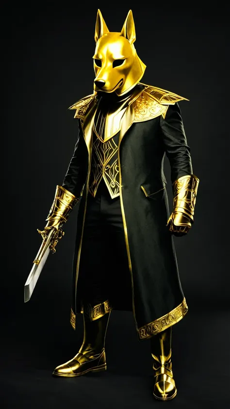 RPG villain wearing a golden dog mask