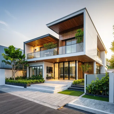 modern townhouse on street, (sunset), tropical tree, vivid colour, streetcapes, white tone, white wall, large glass door, (warm ...