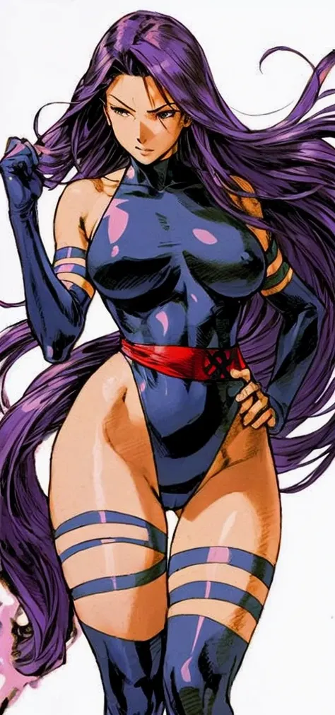 Psylocke with big breasts and long beautiful legs is standing blushing and looking at me.。