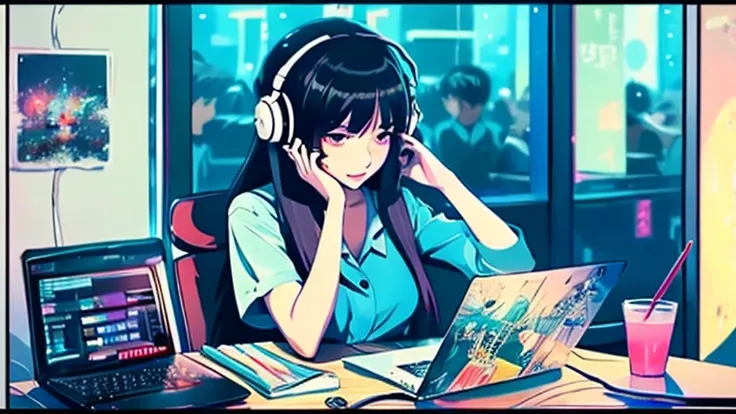 Anime girl sitting in front of a laptop with headphones on, Anime drawings inspired by Liam Wong, Topics on pixiv, computer art, LOFI Girl, Lofi Artstyle, LOFI Girl aesthetic, Lofi Art, Lofi Color, Anime Aesthetics, Lo-fi aesthetic, Portrait of Rofi, Lo-fi...